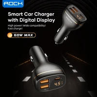 rock 60w digital display car charger qc4 0 qc3 0 type c pd fast car charging charger for iphone 13 12 pro max xiaomi 11 samsung