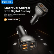 ROCK 60W Digital Display Car Charger QC4.0 QC3.0 Type C PD Fast Car Charging Charger For iPhone 13 12 Pro Max Xiaomi 11 Samsung