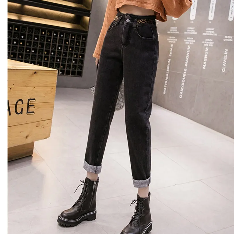 JUJULAND woman casual jeans Straight leg high waist with leopard print winter warm quality 820 | Женская одежда