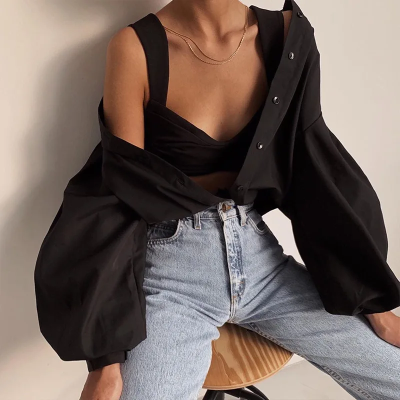 

2021Spring New Solid Color Single-breasted Shirt Casual Loose Lapel Casual Long-sleeved Shirt Fashionable Sexy All-match T-shirt