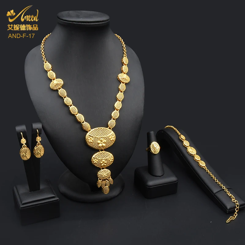 

ANIID Dubai Wedding Necklace Set For Women Big Rings African Bracelet Bridal 24K Gold Plated Earrings Ethiopian Moroccan Arabe