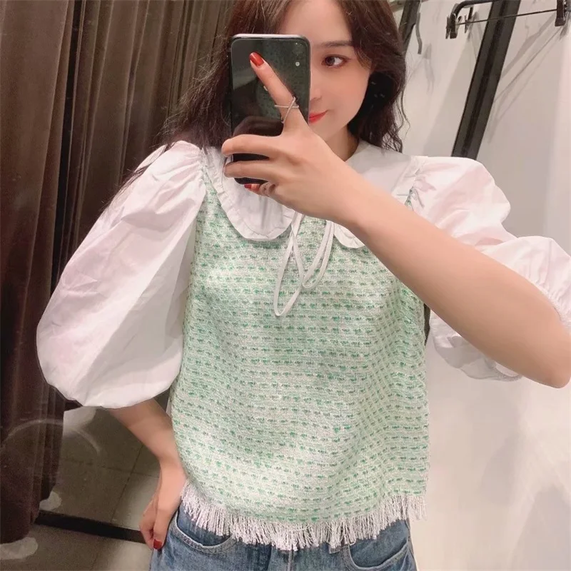 

MESTTRAF Women 2021 Sweet Fashion Patchwork Tweed Blouses Vintage Peter pan Collar Frayed Hem Female Shirts Blusas Chic Tops