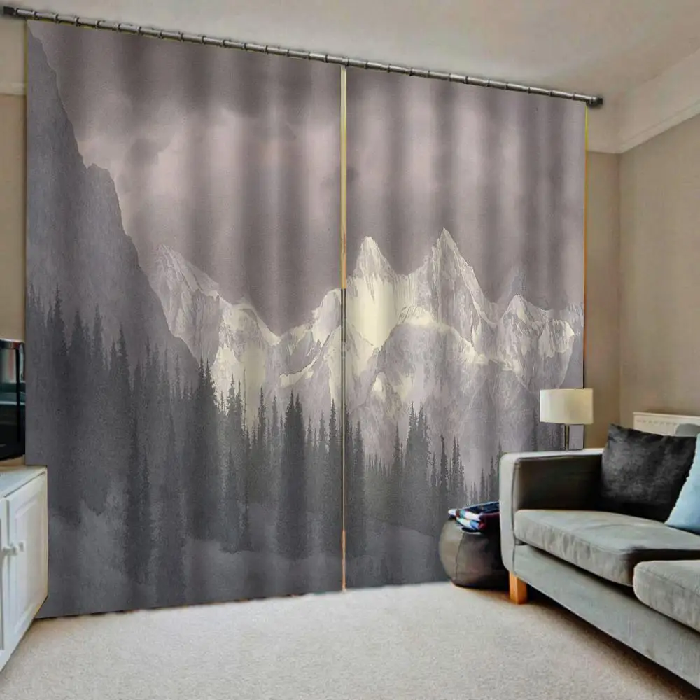 

High quality custom 3d curtain fabric Grey curtains nature scenery landscape mountain curtain