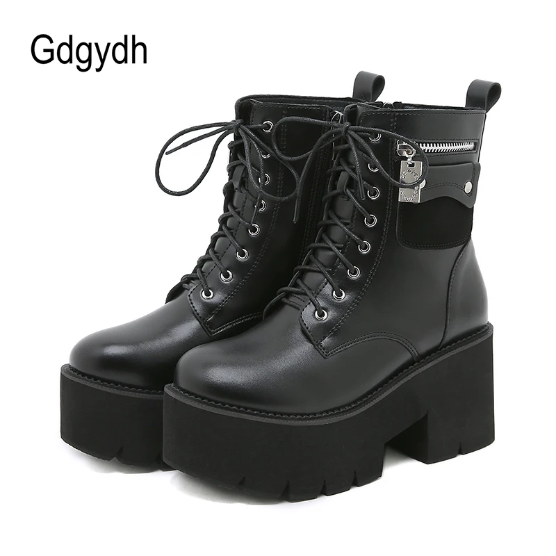 

GDGYDH 2022 Newa Fashion Punk Women Ankle Boots Round Toe Thick High Heel Platform Female Short Boots Lace-Up Black Gothic Style