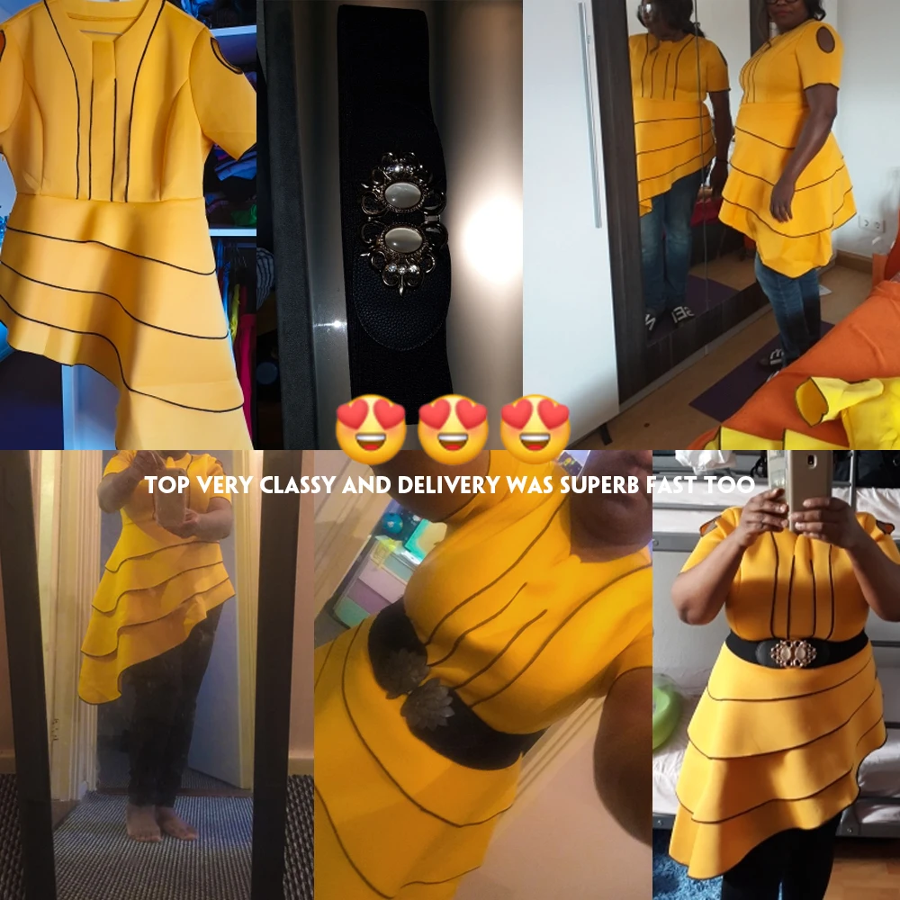 Блузка средней длины в полоску с коротким рукавом и желтыми оборками элегантные