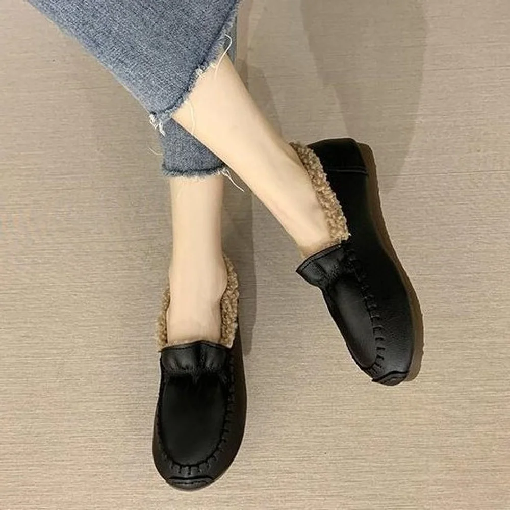 

Мягкие пушистые зимние лоферы на плоской подошве, женские удобные универсальные хлопковые туфли с закрытым носком, женские ботинки на массивной подошве