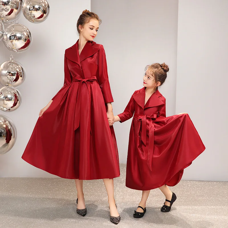 

Suit Collar Atmosphere Mom And Daughter Dress Spring Princess Host Piano Stage Performance Long Sleeve Evening Party Red Dress
