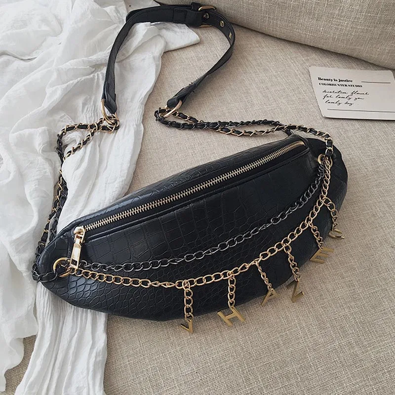 Black Waist Packs Крокодиловый узор PU поясные сумки для женщин Новая мода кисточкой нагрудная Сумка Женский Банан поясная сумка женская цепь сумки на плечо - Цвет: Black Waist Packs