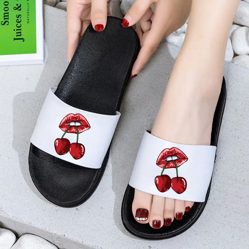 

Sandals For Women 2021 Fruit Cherry Print Indoor Home Slippers Non-slip Beach Shoes Summer Bathroom Filp Flops Plus Size 41