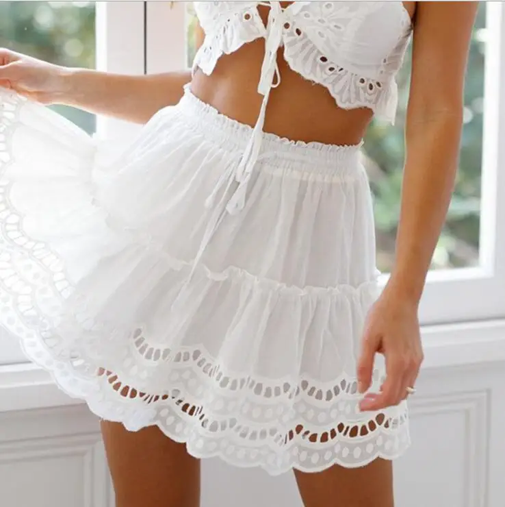 Женская юбка трапециевидной формы с высокой талией белая хлопковая мини