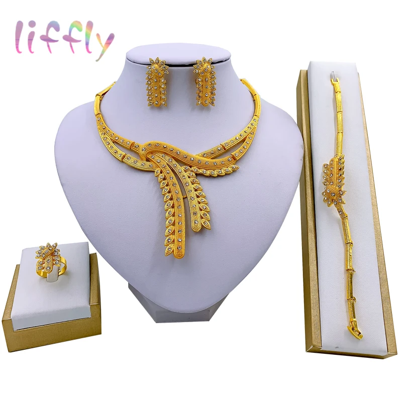 

Liffly Wholesale Dubai Gold Jewelry Sets for Women Wedding African Costume Neckace Party Indian Bridal Jewelry Sets