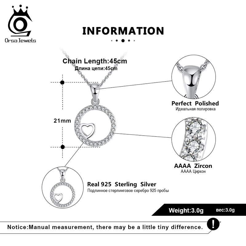 ORSA JEWELS круглая форма кулон ожерелье с маленьким сердцем полный АААА Циркон 925