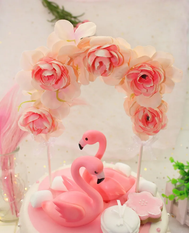 

Pink Flamingo Resin Cupcake Topper And Rose Flowers Natural Cake Decorating Wedding Favor Happy Birthday Party Decoration