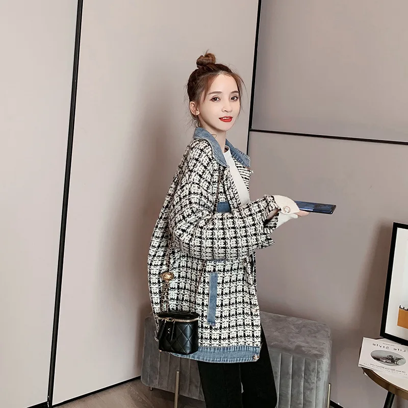 SuperAen клетчатое повседневное джинсовое пальто в стиле пэчворк женская Свободная