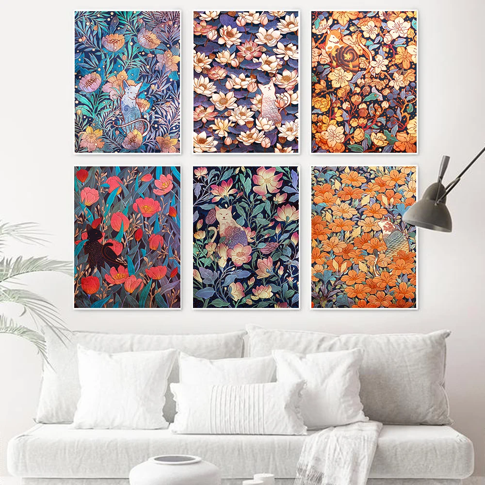 

Винтажный постер в скандинавском стиле с изображением кота, мультяшных животных, цветов, растений, настенная Картина на холсте, настенные к...