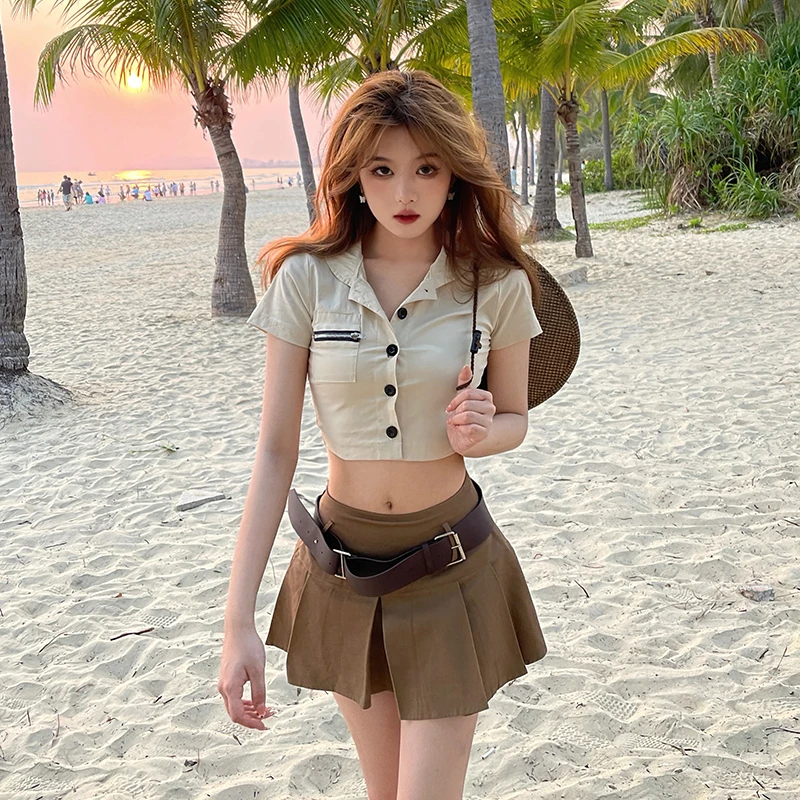 

Short top women's summer design sense of minority sexy tight short sleeve Spice Girl exposed navel high waist shirt fashion