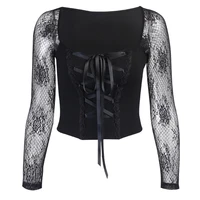 gothic t shirts lace patchwork grunge bandage front black long sleeve crop tops women bodycon fashion streetwear 2021 y2k top
