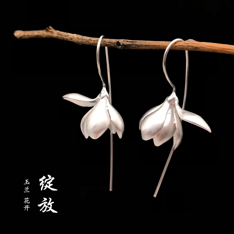 

Magnolia Blossoms 925 Sterling Silver Artistic Fresh Dangle Earrings Stud Earrings Female Retro National Style All-Match Jewelry