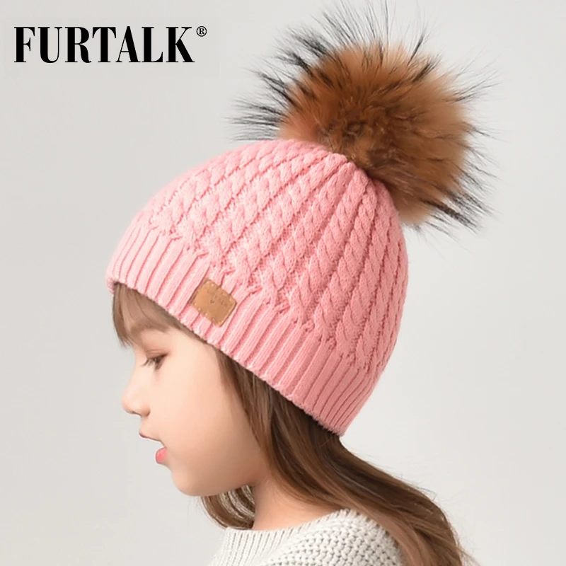 FURTALK/детские зимние шапки для девочек и мальчиков, Шапка-бини, детские вязаные меховые Шишечки, шапка для малышей, зимние теплые шапки-бини, Шапка черного и красного цвета