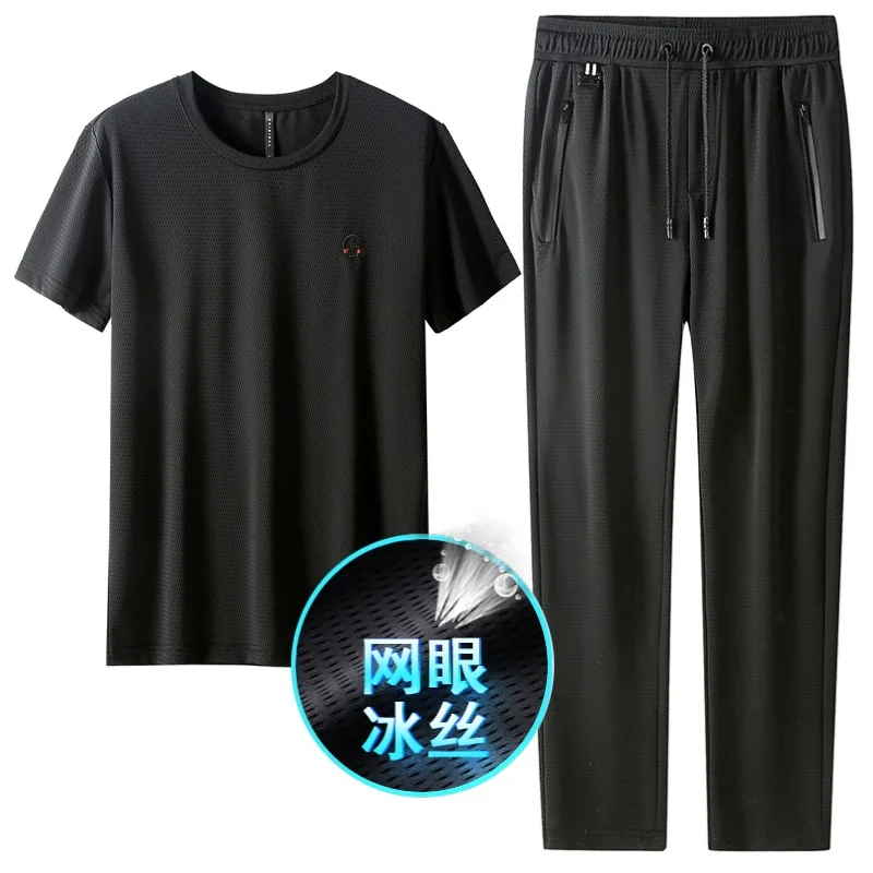 

Silk smooth breathable quick drying men's sports suit 2021 summer cool half sleeve T-shirt casual pants men's two piece set 006