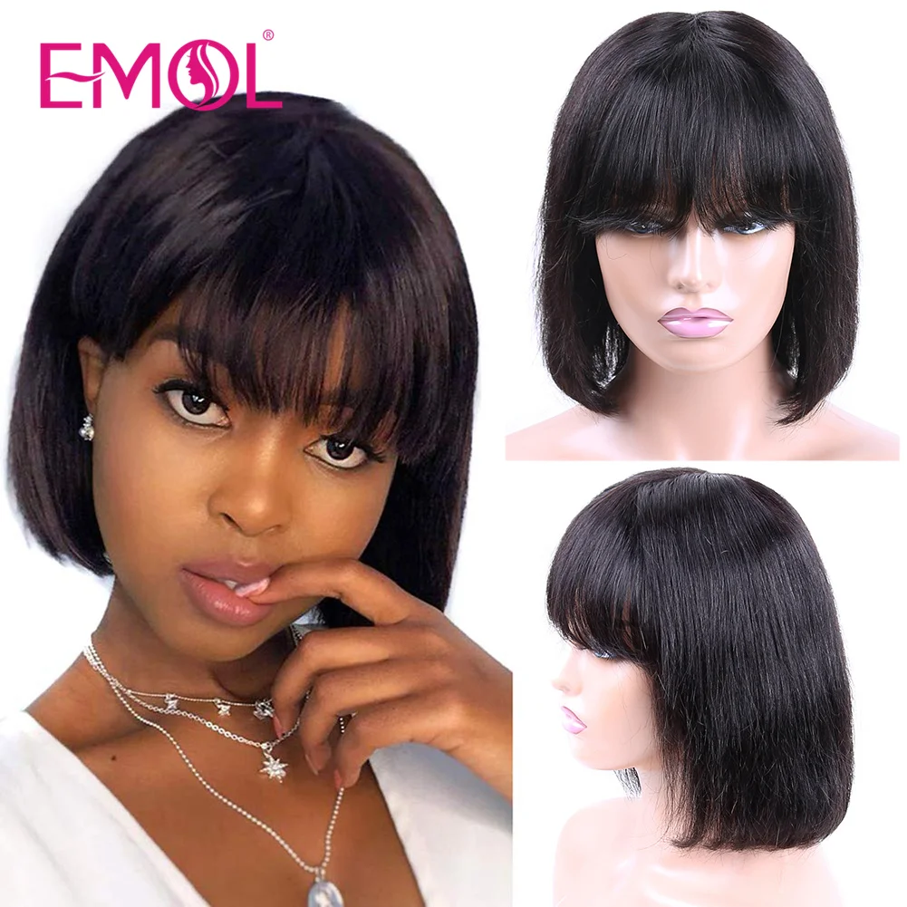 

Short Bob Wig With Bangs Straight Brazilian Remy Human Hair Wigs Full Machine Made Short Bob Wigs For Women Vendor Wholesale