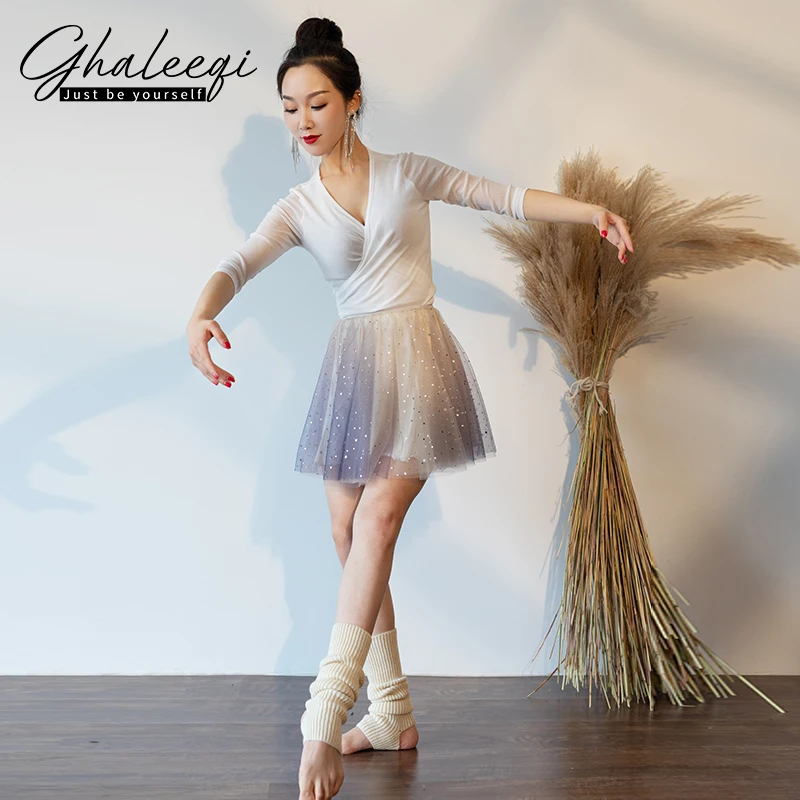 

Women belly dance skirt autumn and winter dance skirt mesh star sequined yarn skirt ballet training practice suit JX090
