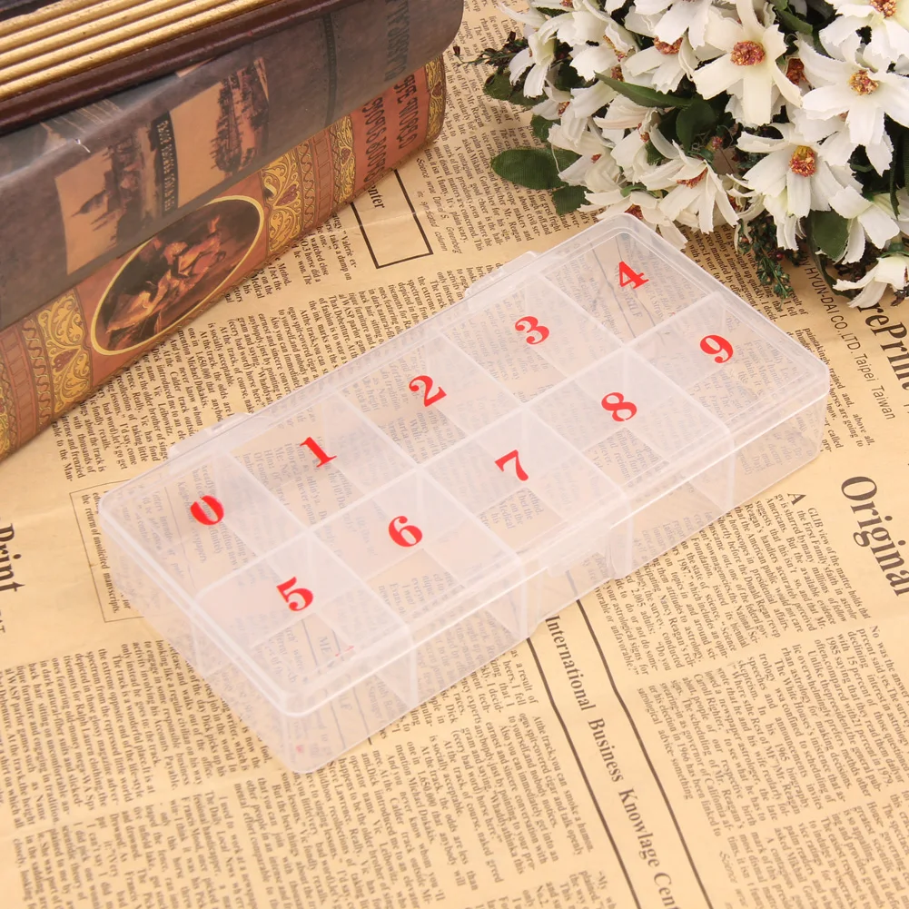 

Household 10 Compartments Pill Fake Nail Tip Box Plastic Clear False Nail Tips Storage Box Holder Organzier Acrylic Case Contain