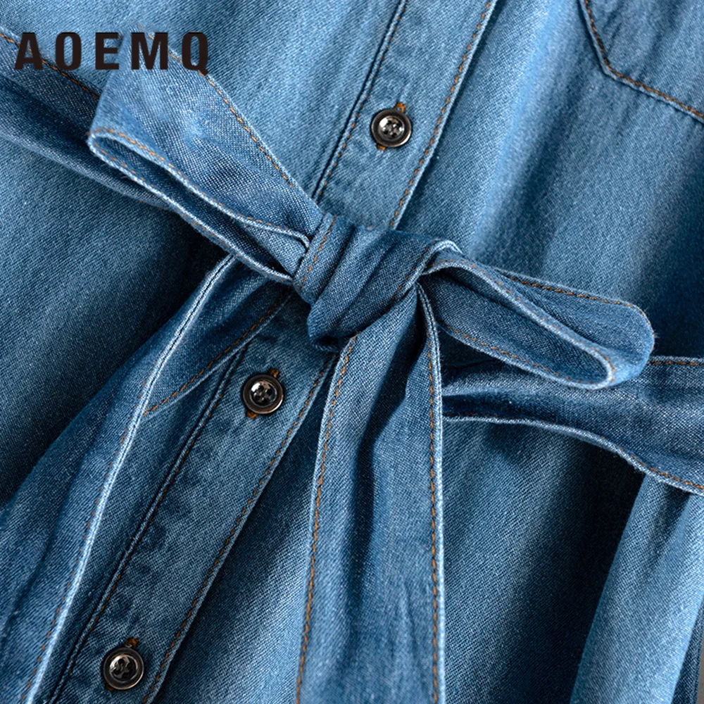 AOMEQ джинсовая синяя рубашка осеннее платье с отложным воротником ТРАПЕЦИЕВИДНОЕ