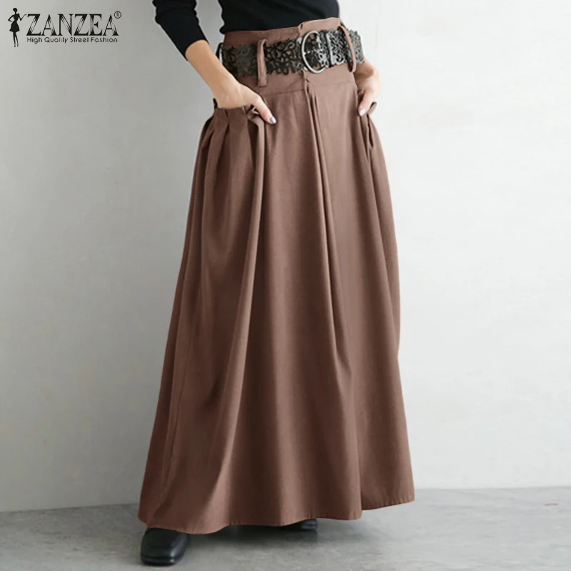 

Casual Zipper Robe ZANZEA 2021 Stylish Solid Bow Skirts Women Spring Skirts 2021 High Waist Maxi Vestidos Female