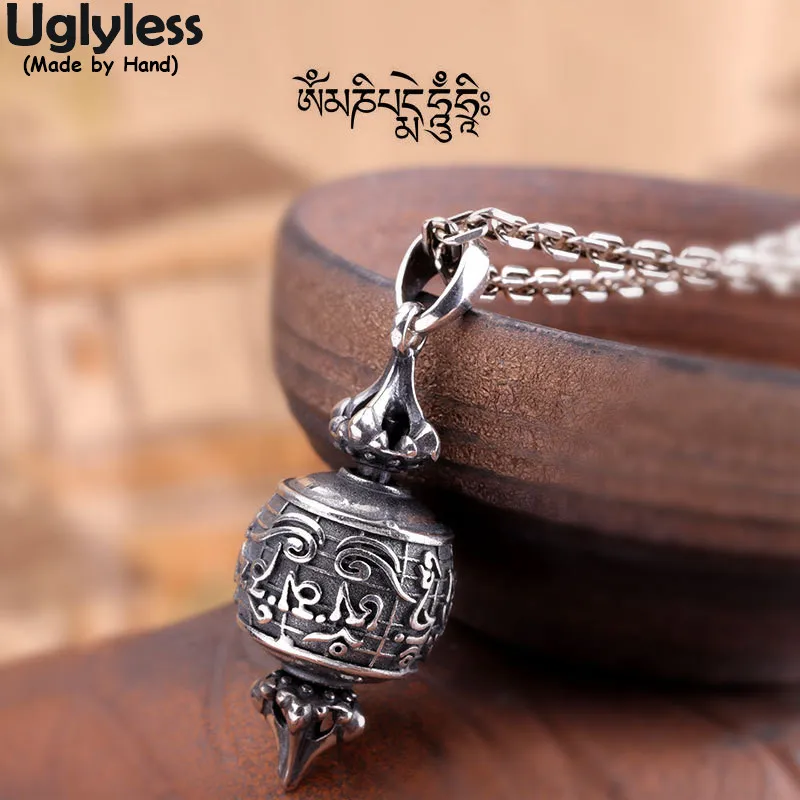 

Uglyless Tibetan Mantra om mani padme hum Buddhism Pendants Men Religious Vajra Necklaces NO Chains Religious 925 Silver Bijoux