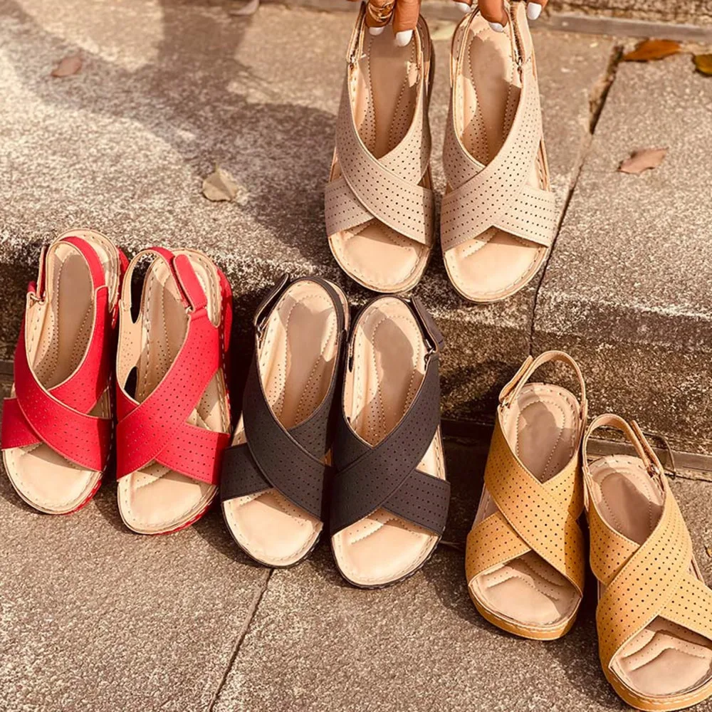 

2021 Women Sandals New Summer Shoes Woman Ladies Sewing Hollow Out Wedges Female Casual Pu Leather Comfortable Retro Sandalis