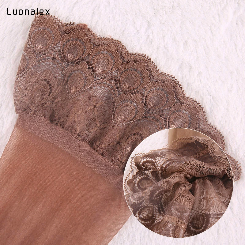 Luonalex Sexy Women Lace Top Silicone Stay Up Shine Thigh High Stockings Oil Flashing Pantyhose Medias Lingerie | Женская одежда