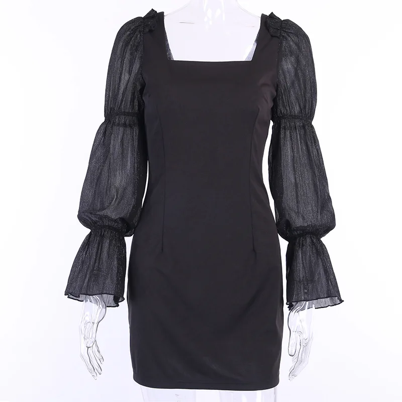 Women Bodycon Mesh Dress Elegant Long Sleeve Square Neck Autumn Party Night Sexy See Through Mini Dresses Black Bandage | Женская одежда