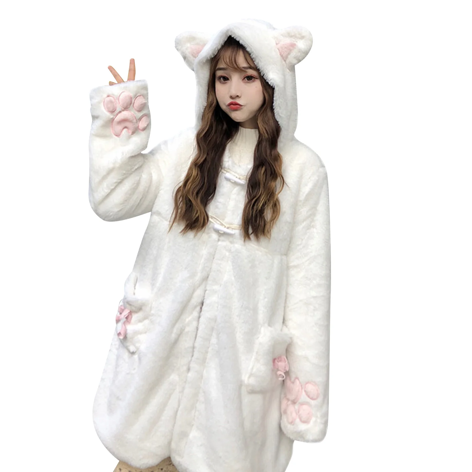 

Female Cute Coat Claw Patterns Long Sleeve Hooded Jacket with Pockets for Fall Winter White/Black M/L/XL/XXL