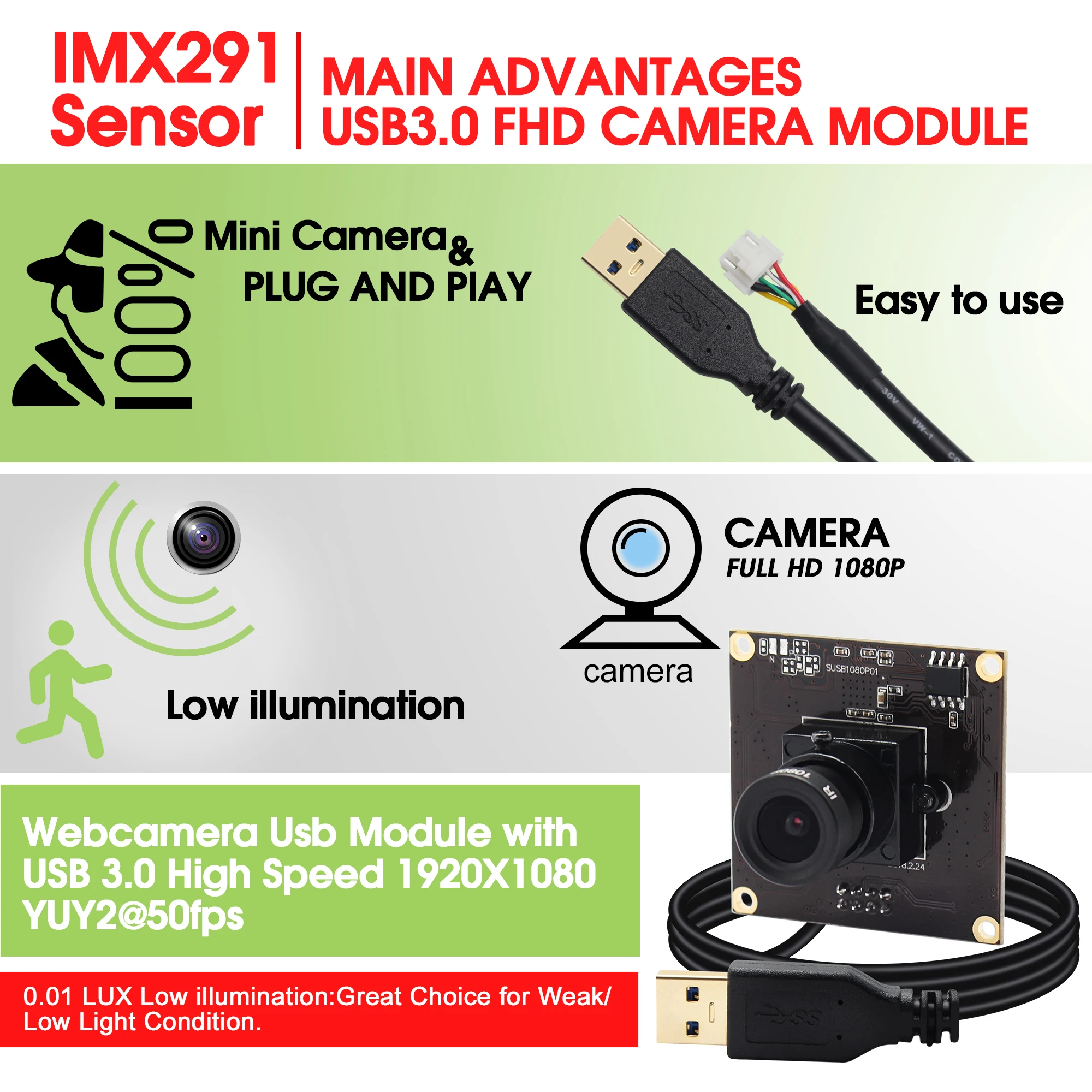 Веб камера ELP Sony IMX291 USB 3 0 MJPEG YUY2 50fps 2 мегапикселя высокоскоростная UVC OTG 1080P Модуль