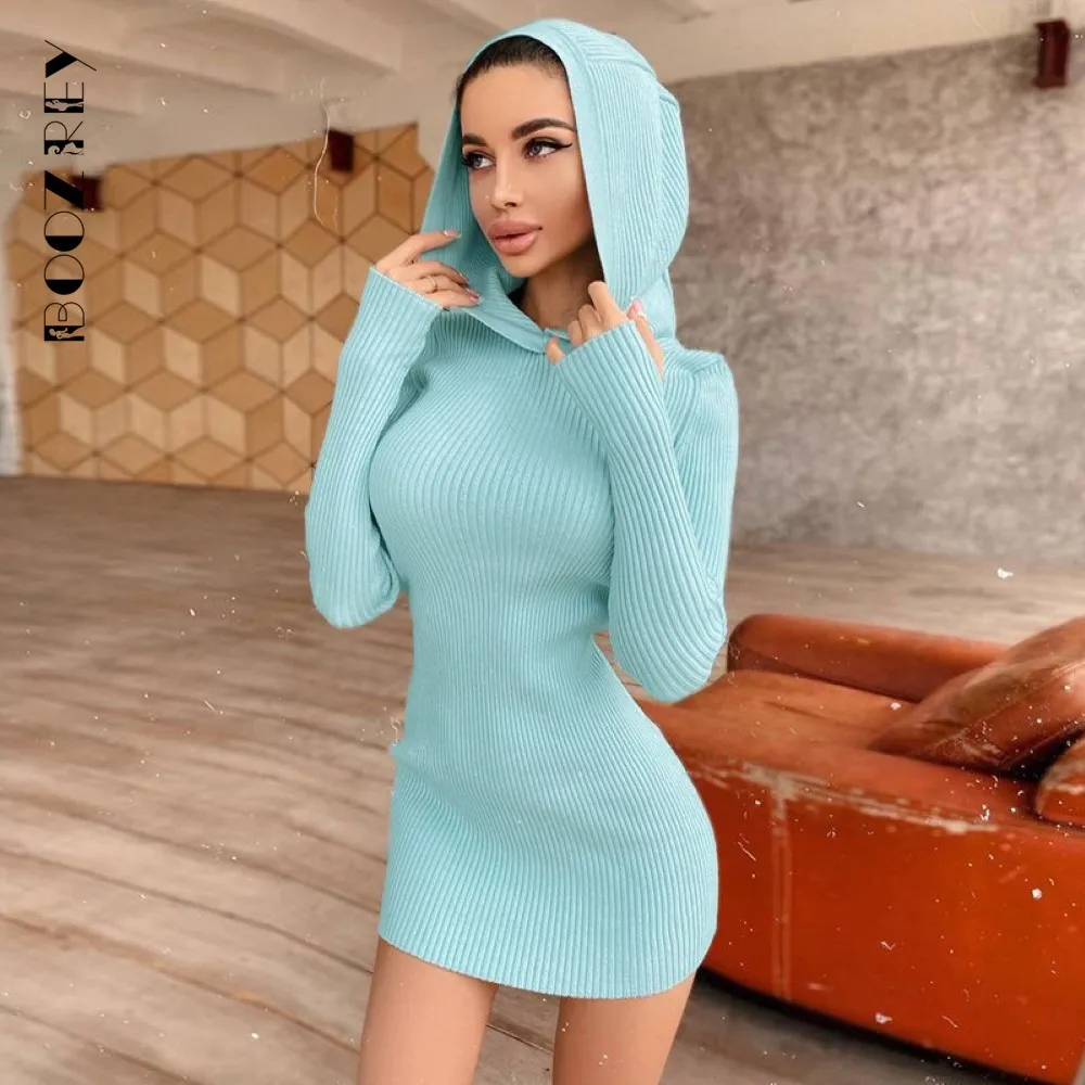 

Однотонное трикотажное облегающее платье BoozRey с капюшоном и длинными рукавами, Осень-зима, повседневные женские платья, Vestidos De Mujer