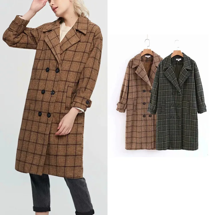 

2021 feminino korean abrigos mujer Plaid woolen coat autumn winter women double-breasted design long coat za người phụ nữ á
