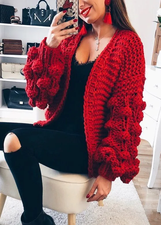 Autumn and Winter Three-dimensional Ball Hand-made Sweater Cardigan Lantern Sleeve Lazy Jacket Woman Open Stitch |
