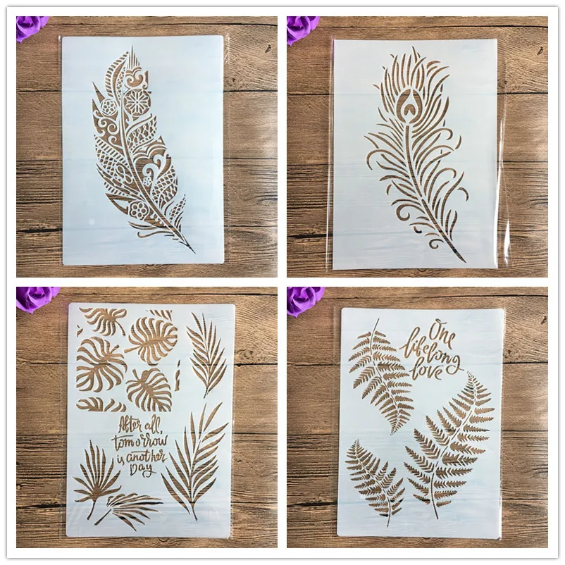 

4pcs /set feather ,leaves plant Stencils Painting Coloring Embossing Scrapbook Album Decorative Template mandala