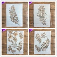 4pcs set feather leaves plant stencils painting coloring embossing scrapbook album decorative template mandala