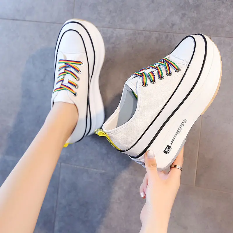 

Patchwork Sewing Black Geared Non-Slip Thick Bottom Heighten Shoes 8CM Designer Colour Lace-Up Canvas Shoe Outdoors Casual Shoes