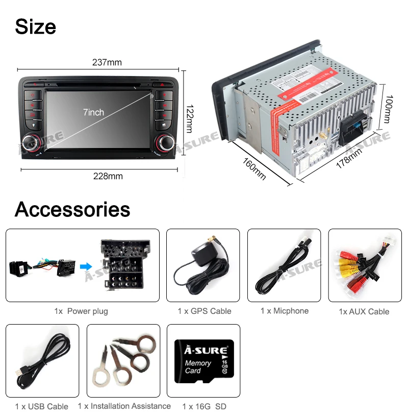 A-Sure 7 дюймов 2 Din 16G Авто Радио Стерео dvd-плеер gps навигация для AUDI A3 S3 RS3 8V 8PA DAB 3g Bluetooth SWC Bluetooth