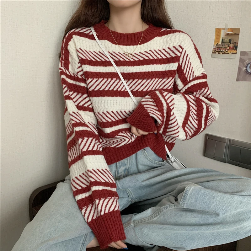 

Korean preppy style striped long sleeve knitted Sweaters for women autumn winter new o-neck loose casual pullovers ladies tops
