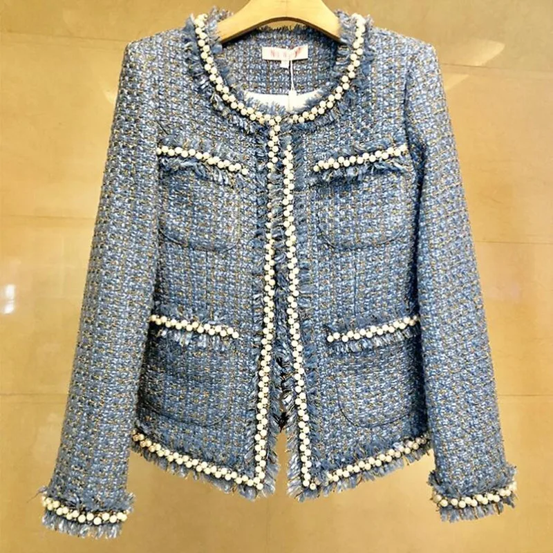 

Женские твидовые синие куртки, Новинка осени 2021, высококачественные смешанные шерстяные куртки, модные прямые куртки с четырьмя карманами ...