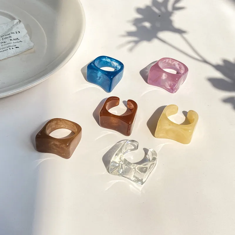 

New Fashion Jewelry Resin Rings Acrylic Rhinestone Colourful Geometric Square Round Rings Set for Women Jewelry Party Gifts