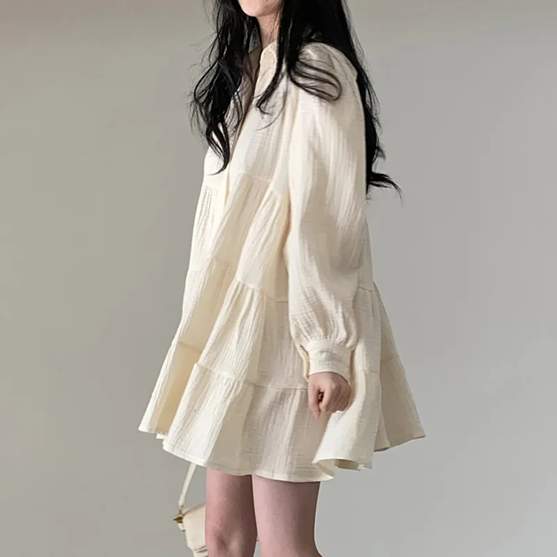 

Korea Spring Simple Temperament Loose Single-breasted Bubble Sleeve Short Women Dress Female Students Vestidos