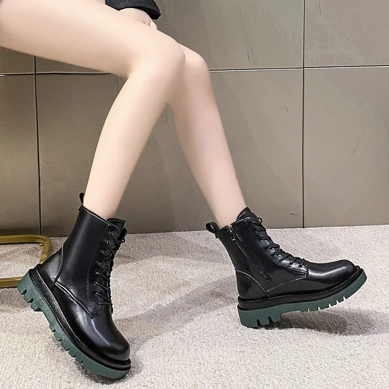 Women's 2022 Fall Fashion Black Leather Platform Gothic Punk Fighting Shoes Round Toe Botines De Mujer Sexy