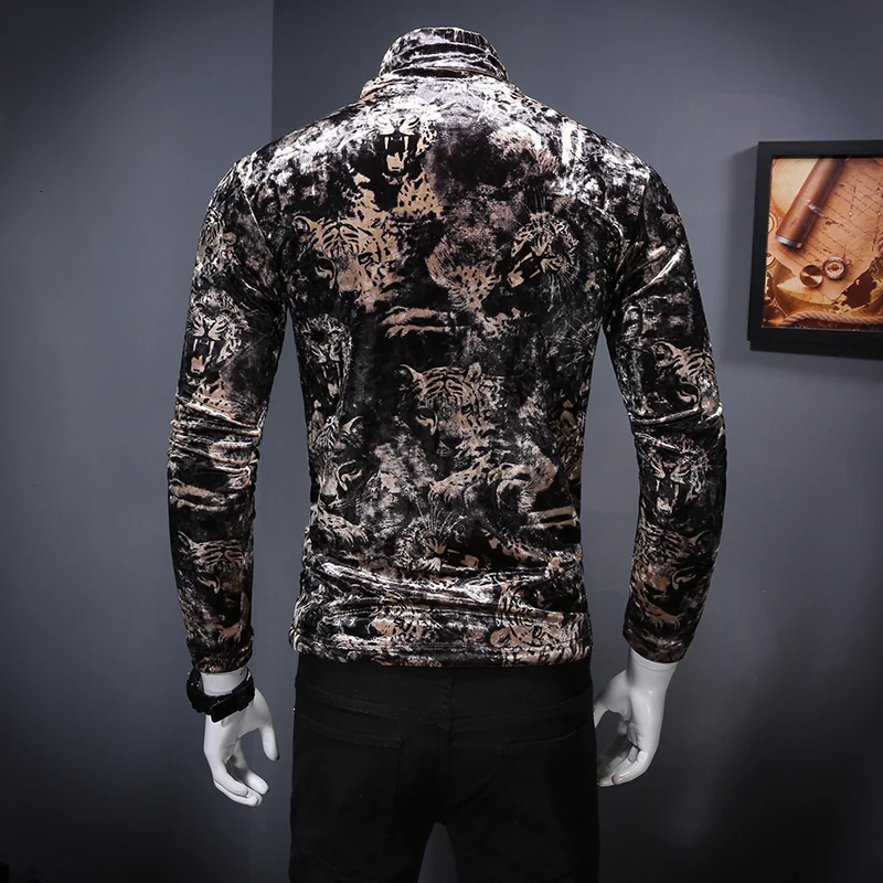 Vintage Shirts Animal Pattern High-end Luxury Long-sleeved Autumn 2020 Quality Velvet Soft Elastic T Shirt Men | Мужская одежда