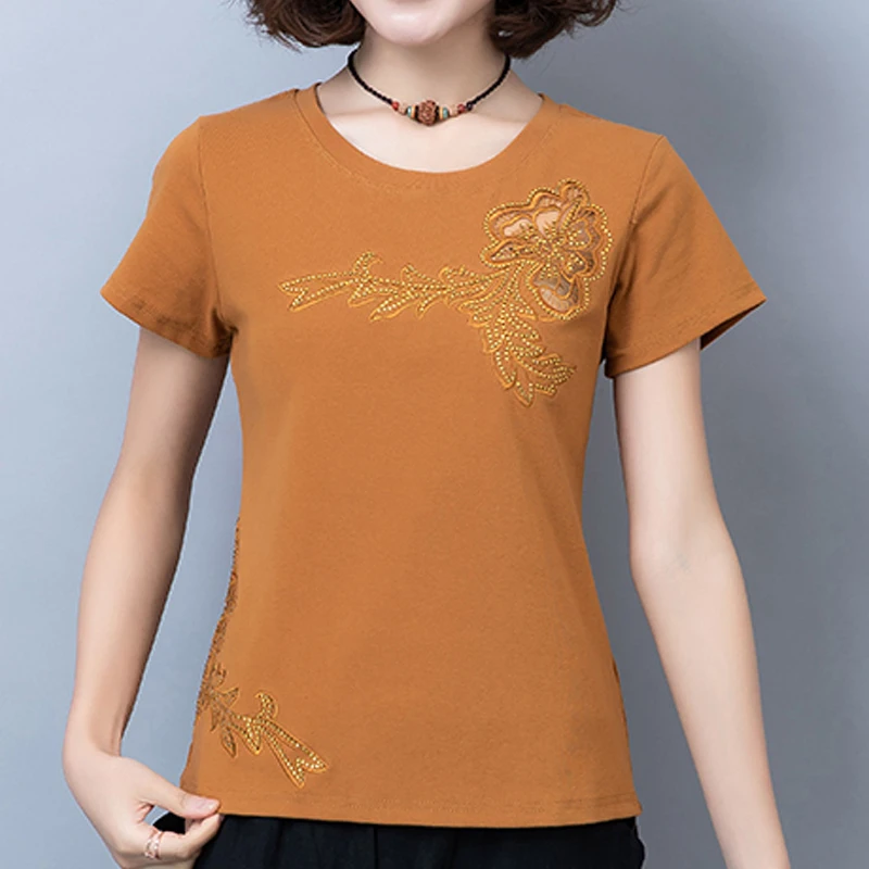 

shintimes Plus Size Tshirt Women Fashion Embroidery Flower Lace Diamond Patchwork Cotton Women T-Shirt Short Sleeve Tops Tshirts