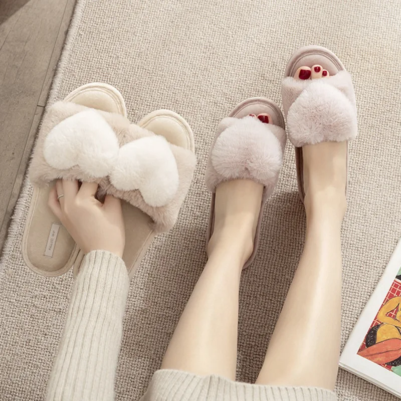 

Millffy Cute cozy home indoor warm Pink Khaki Plush love Slipper plus padded indoor comfortable warm cotton shoes Slipper